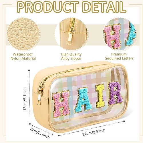 4 Pieces Chenille Letter Cosmetic Bag Set Nylon PVC Clear Waterproof Makeup Pouch Stuff Hair Travel Bag Zipper Multi Purpose Aesthetics Toiletry Organizer for Women Gym Travel Beach (Classic Colors)