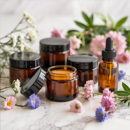 Amber 2oz Glass Jars with Lids - 24 Pack Brown Small Cosmetic Containers with Stickers & 2 Spoons, Wide-Round Smooth Mouth, Sealable for Creams, Lotions, Body Butter, Travel Samples