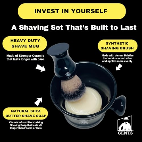 G.B.S GENTS Men¡¯s Wet Shaving Kit - Complete 4-Piece Set with Heavy Duty Ceramic Bowl, Synthetic Shave Brush, Stand & Natural Shea Butter Lather Soap (Black)