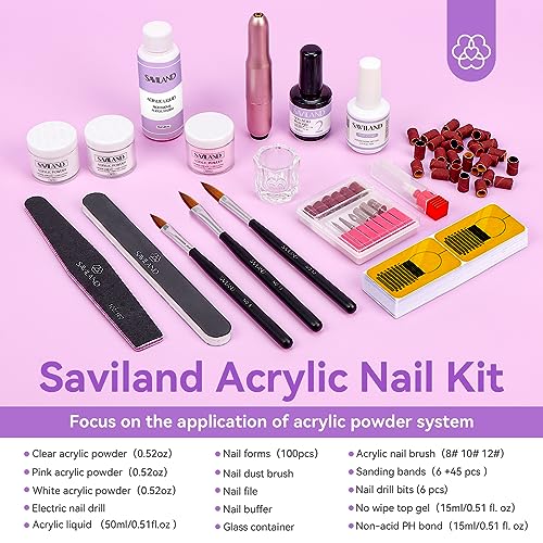 SAVILAND Acrylic Nail Kit with Drill for Beginners - 0.5oz Clear White Pink Acrylic Powder and Liquid Set Nail Brushes Professional Nails Kit Set Home DIY Extension Carving