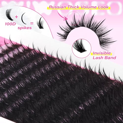 wiwoseo Fluffy Lash Clusters Kit Spikes Lashes Clusters Eyelash Extensions Kit Thick Volume Lash Extension Kit Cluster Lashes with Spikes 10-18MM Spiky Eyelash Clusters Kit Clear Lash Bond and Seal