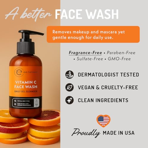 Eve Hansen Vitamin C Cleanser Face Wash | Anti Aging Facial Cleanser for Fine Lines, Age Spots, Dark Circles | Cruelty Free Skin Care Cleansing Gel with Aloe Vera, Vitamin E (4 oz)
