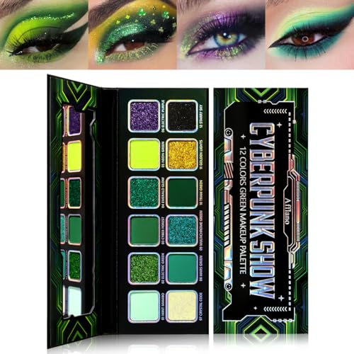Green Eyeshadow Makeup Palette, 12 Colors Wicked Green Glitter Holographic Eyeshadow with Matte Shimmer for Brown Eyes, Pigmented Silky Long Lasting Purple Gold Eye Shadow for Carnival, Party, Vegan