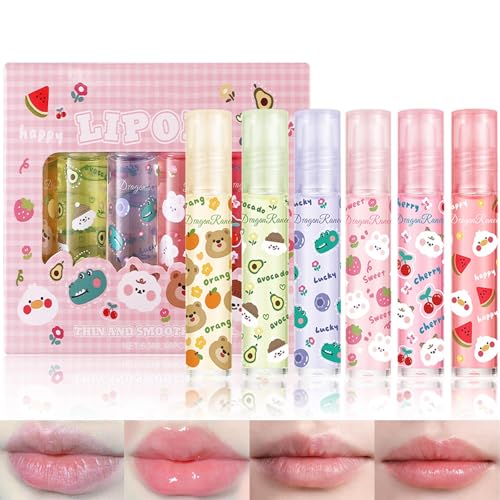 6Pcs Roll On Lip Gloss Oil Set,Hydrating and Nourishing Lips Light Lip Oil,Fruit Scents Vegan Lip Oil for Women