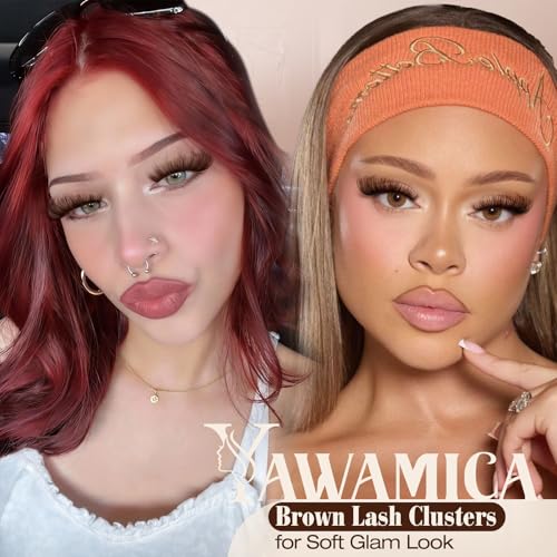 Yawamica Brown Fluffy Lash Clusters 100D Volume Wispy Eyelash Clusters 10-18mm D Curl Eyelash Extensions Individual Lashes Dark Brown Cluster Lashes DIY Brown Lash Extension by Self