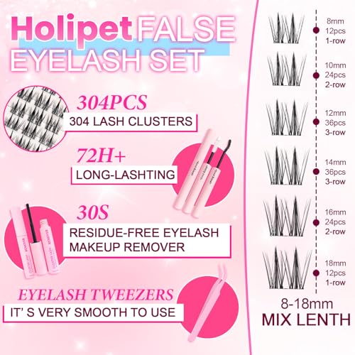 Lash Clusters Kit 608pcs, Natural Wispy DIY Eyelash Lashes Clusters Manga Extensions Kit, Spiky Lash Clusters D Curl with Lash Glue Brush Tweezer Remover