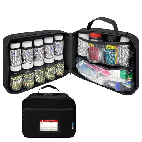 Large Pill Bottle Organizer With Emergency Card - 10 Pockets Medicine Bag for Travel & Home Storage - Black