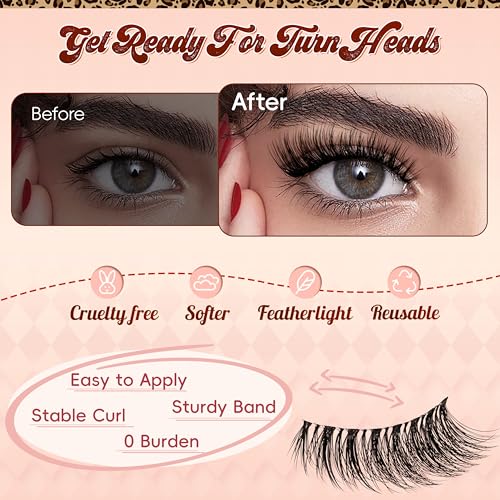 Natural Lashes 0.05mm PBT Fiber Lightweight Wispy Lashes, 0.1mm Superfine Invisible Clear Band 14mm False Eyelashes, 5 Pairs Fake Eyelashes Wispy Cat Eye Lashes(Glitz-5 Pairs Lashes Pack)