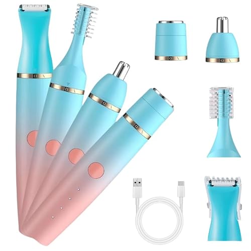 4-in-1 Electric Facial Hair Trimmer for Women, Rechargeable Waterproof Eyebrow Epilator with Multiple Heads, Blue and Pink Gradient