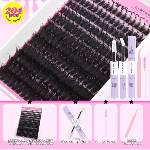 wiwoseo Fluffy Lash Clusters Kit Spikes Lashes Clusters Eyelash Extensions Kit Thick Volume Lash Extension Kit Cluster Lashes with Spikes 10-18MM Spiky Eyelash Clusters Kit Clear Lash Bond and Seal