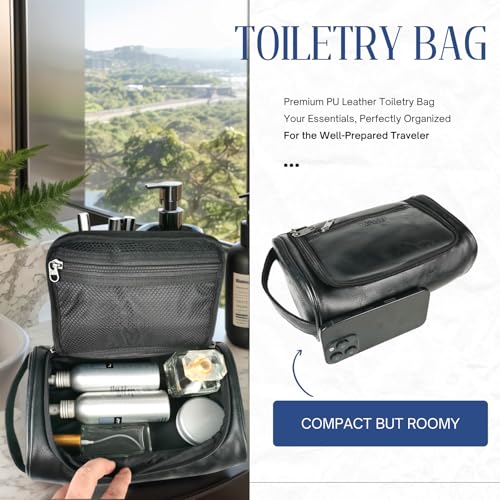 Mens Toiletry Bag, Upgraded Compact Dopp Kit for Men Travel, PU Leather Shaving Kit, Water-Resistant Minimalist Organizer with Wrist Strap, Fits Full-Size Essentials,Black