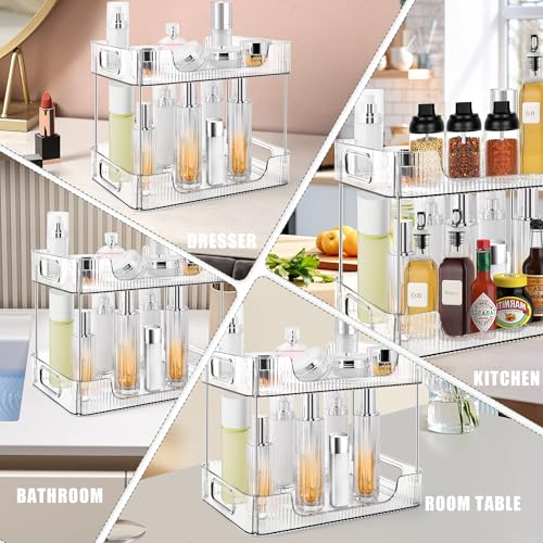 2-Tier Bathroom Counter Organizer Countertop Storage, Dresser Organizer Vanity Tray for Makeup, Perfume Organizer Cosmetics Skincare Shelf- Clear