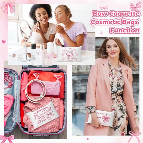 Y1tvei Bow Bible Cosmetic Bags - 30Pcs Pink Coquette Mini Bible Verse Makeup Bag with Zipper, White Canvas Large Capacity Cosmetic Bags Set Gifts Bulk for Women Girls Inspirational Church Party Favors