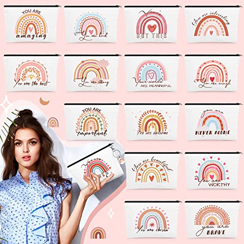 Pinkunn Valentines Rainbow Canvas Cosmetic Bag Bulk Gift for Women with Inspirational Quote Keychains Set 16 Pcs Cosmetic Bags 16 Pcs Keychains You are Amazing Beautiful Kind Travel Pouch Zipper