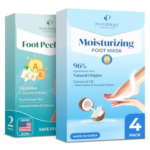 PLANTIFIQUE Hydrating Foot Mask for Dry & Cracked Feet - NOT Peeling - 4 Pack and Foot Peel Mask with Vitamins 2 Pack