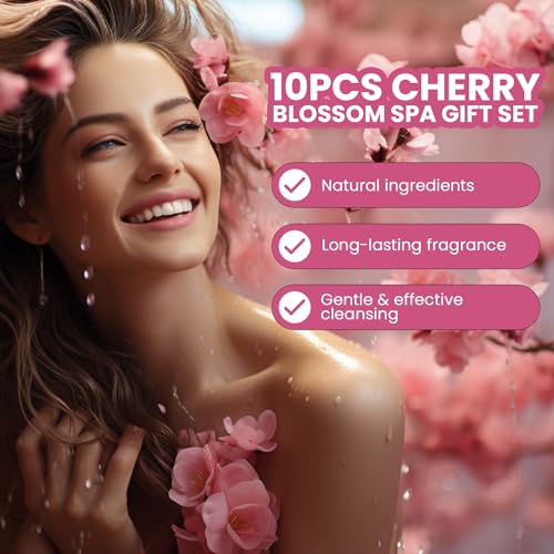 Green Canyon Spa Gifts for Women 11 Pcs Cherry Blossom Spa Gift Baskets Luxurious Birthday Gift for Mom Her Friend Sister Wife Mothers Day Gifts for Her Bath and Body Gift Sets Presents for Her