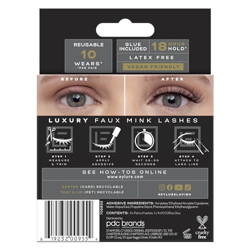 Eylure Luxe Faux Mink False Lashes - Natural Lavish, 4 Pairs Bonus Pack | Glue Included | 10 Wears