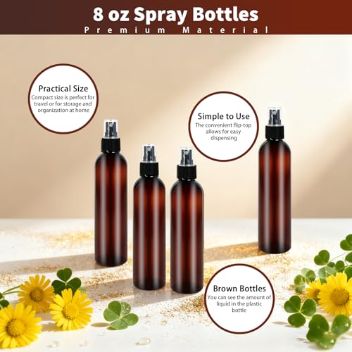48 Pcs 8 oz Spray Bottles with Cap Amber Empty Plastic Travel Sprayer Refillable Fine Mist Cleaning Bottles for Oils Perfumes
