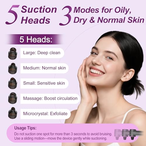 Blackhead Remover Vacuum, Pore Vacuum Cleaner with Heating, 3 Suction Levels & 9 Modes, Facial Pore Cleaner Tool for Nose, T-Zone, Chin, 5 Replaceable Heads, USB Rechargeable Comedone Extractor Kit