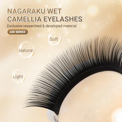 NAGARAKU Wet Camellia Eyelash Extension, Individual Lashes 3 Multi-length Fans Premium Matte Black Natural Pre-Glued Classic Lash Extensions Mega Volume Beauty Salon Supplies - 0.07LC 12-13-14