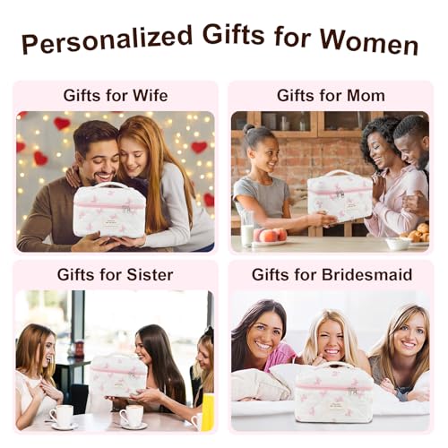 3Pcs Makeup Bag Cotton Quilted Travel Cosmetic Bag Cute Floral Makeup Pouch Large Toiletry Bag for Women Girls (Bow-Pink)