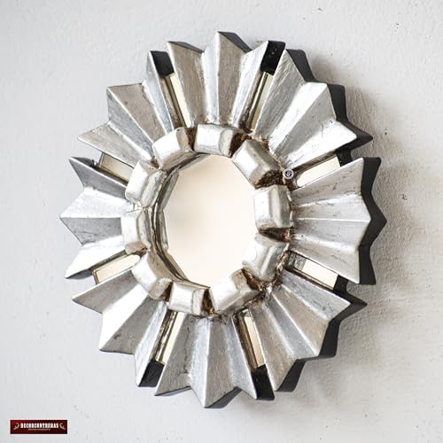 Small Round Wall Mirror with Silver Leaf Frame 6in -Peruvian Sun Design - Handmade Wood Hanging Mirror Decor