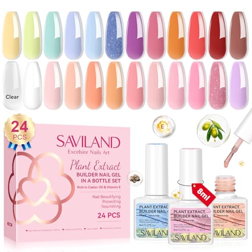 Saviland Builder Nail Gel Set with Nail Drill ? 3 Colors Hard Gel(VE&VB5&Kerain) with 24 Colors Castor Oil & Vitamin E Builder Nail Gel Lamp Nail Brush for Nail Extension Shaping DIY at Home Salon