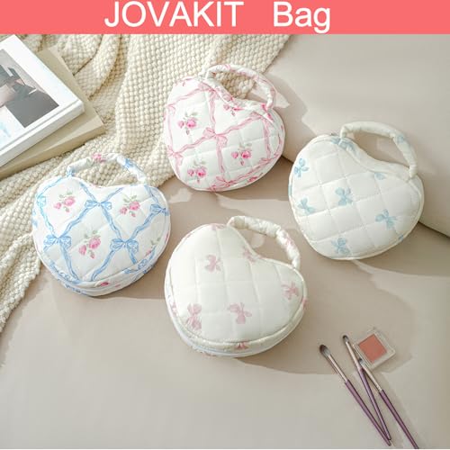JOVAKIT Quilted Heart Shaped Makeup Bag Cosmetic Bag for Women with Handle, Floral Coquette Cotton Travel Makeup Case Toiletry Zipper Make Up Pouch, Travel Storage Organizer Stuff (Pink Bowknot)