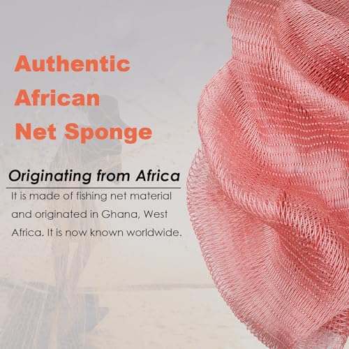African Net Sponge Authentic African Exfoliating Net Sponge with Knots Real Sapo Sponge with Handles Afro Scrub Net Bath Cloth for Shower (Pink)