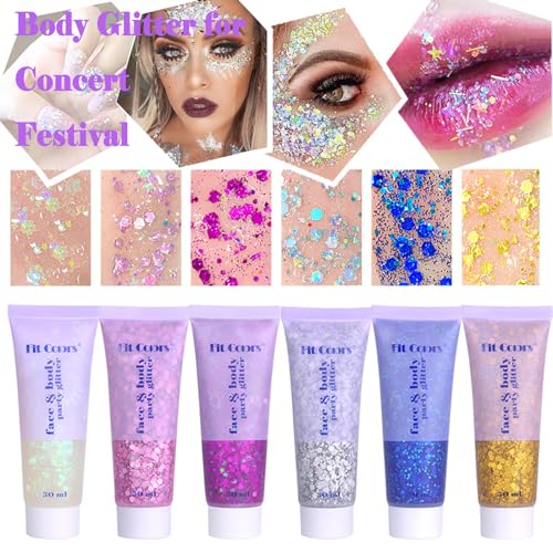 Body Glitter Face Glitter Gel: Singer Concerts Disco Festival Rave Accessories Face Glitter Makeup Chunky Sequins Mermaid Face Body Hair Glitter Gel (White&Silver&Pink&Gold&Blue&Purple&Rose)