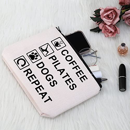G2TUP Coffee Pilates Dogs Repeat Makeup Bag Coffee Pilates Dog Lover Cosmetic Bag Pet Owner Gift Coffee Dog Pilates Themed Zipper Travel Pouch (Coffee Pilates Dogs Repeat White Bag)