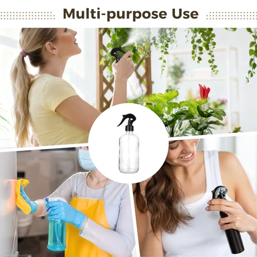 OMISTAR 4PCS 16 OZ Clear Glass Spray Bottles for Cleaning - Refillable Spray Containers with Trigger Spray Caps, Screw Caps, Label Stickers, and Pen, Ideal for Cleaning, Essential Oils, Hair Care