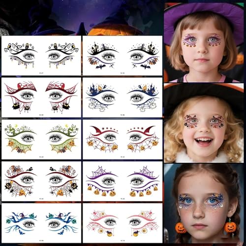 Halloween Temporary Tattoos Colorful Eye Fake Tattoos Halloween Mixed Styles Spider Web Tattoos Waterproof Cute Pumpkin Tattoo Cobweb Ghost Stickers for Kids Body Art Makeup 10 Sheets