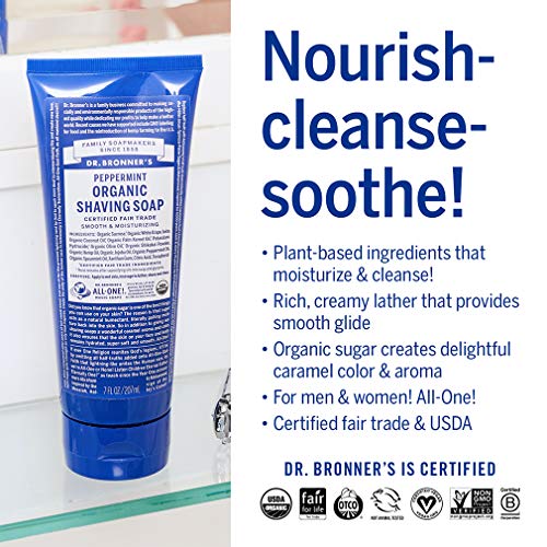 Dr. Bronner's - Organic Shaving Soap (Peppermint, 7 Ounce) - Certified Organic, Sugar and Shikakai Powder, Soothes and Moisturizes for Close Comfortable Shave, Use on Face, Underarms and Legs