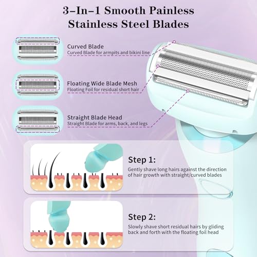 Electric Shaver for Women, Silk Glide Pro Shaver, 2 in 1 Wet & Dry Waterproof Electric Razors with Removable Head, Bikini Trimmer for Women for Leg Arm Underarm Bikini Area (Blue)