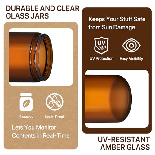 Amber Glass Jars with Lids, 8oz 4oz 2oz 1oz Glass Cosmetic Jars with Inner Liners, Labels & Spatulas, Reusable Lotion Containers for Creams, Body Butter, Scrubs, DIY Cosmetics ? 16 Pack