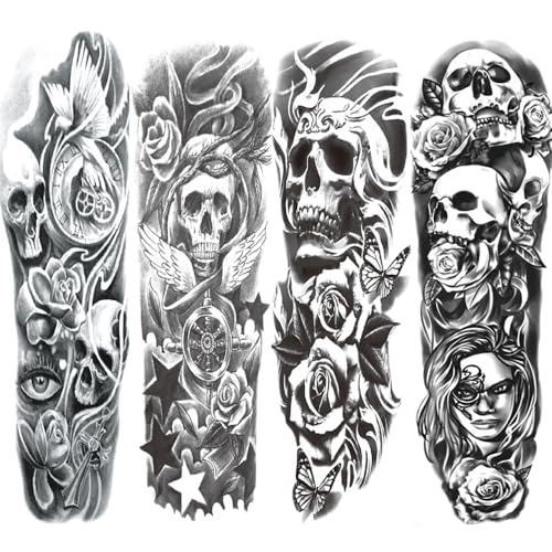 Fake Skull Temporary Sleeve Tattoos Halloween Arm Tattoos for Men Women,4-Sheet
