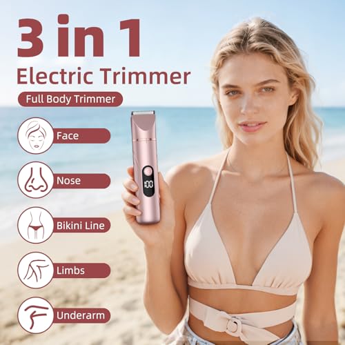 Bikini Trimmer for Women, Painless Lady Shavers with Facial Hair Removal and Nose Hair Trimmer for Leg, Nose,Body and Armpit (Rose Gold)