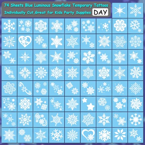 Blue Luminous Snowflake Temporary Tattoos - 74 Individually Sheets White Snowflake Tattoos for Kids Adults Winter Christmas Party Supplies