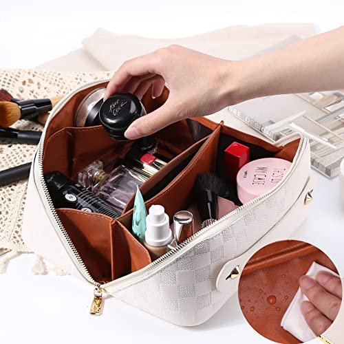 Cessfle Large Capacity Travel Cosmetic Bag, Boho Purple Makeup Bag Waterproof Leather Travel Toiletry Bag Woven Open Flat Makeup Organizer Bag