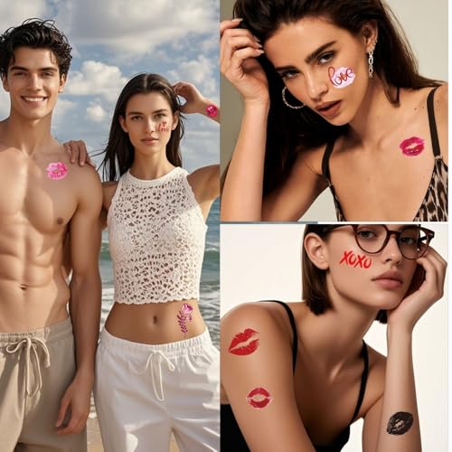Lip Prints Temporary Tattoos Mixed Styles Lip Tattoo Fake Tattoos Stickers Kiss Prints Face Tattoo Waterproof Face Tattoo Pink Valentine's Day Decoration for Women 10 Sheets