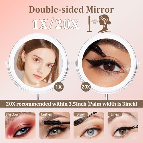 Unimiro 9inch Wall Mounted Makeup Mirror with Light, 1x/20x 5000mAh Rechargeable Magnifying Mirror with Light, 360¡Æ Rotate Bathroom Mirror with Lights, 3 Color, 80 LEDs, Stepless Dimmable