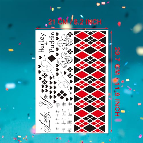3-Pack Large Cosplay Temporary Tattoos ? 8.2 x 11.6 Inch Clown Girl Themed Fake Tattoos for Men, Women, and Kids ? Perfect for Halloween, Cosplay, and Costume Parties