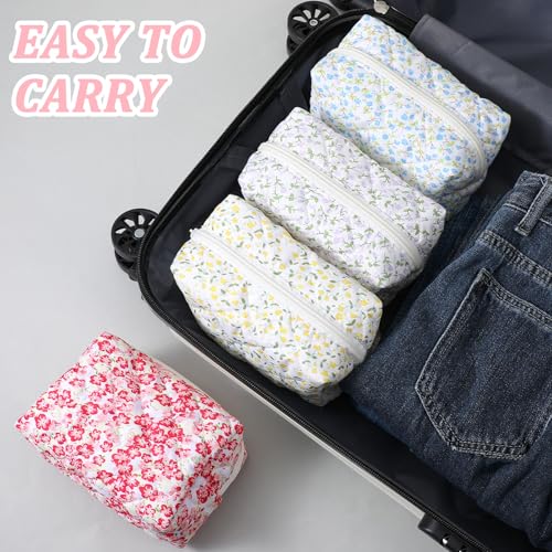 5 PCS Makeup Bag Quilted, Floral Makeup Bags Bulk with Zipper Quilted Cosmetic Bag Cosmetic Pouch Flower Cute Pouches for Cosmetics, Pens and Portable Travel Toiletries-5 Styles
