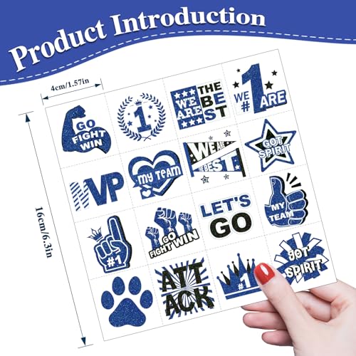 160 Pcs Glitter Team Spirit Temporary Tattoos School Team Cheer Face Stickers Cheerleading Party Supplies and Sports Games Decoration(BLUE)
