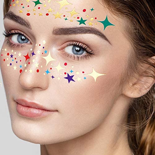 Zonon 20 Sheets Gold Glitter Freckles Face Tattoo Sparkle Face Makeup Patches Metallic Face Tattoo Sticker Temporary Transfer Tattoo Parties Decor for Halloween Christmas Women Makeup Dancer Costume
