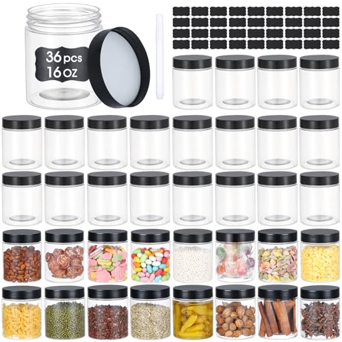 36PCS16OZ Plastic Jars with Screw On Lids, Labels Refillable Empty Round Slime Containers for Storing Dry Food, Honey Jam, Cream, Butter, Lotion (matte black)
