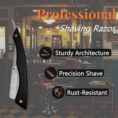 Straight Razor For Men - Premium Stainless Steel Barber Shaving Kit With Wooden Handle & Safety Guard, Single Blade Precision For Smooth Shaving With 10 Blades, Brown Spider Wood Handle, Black