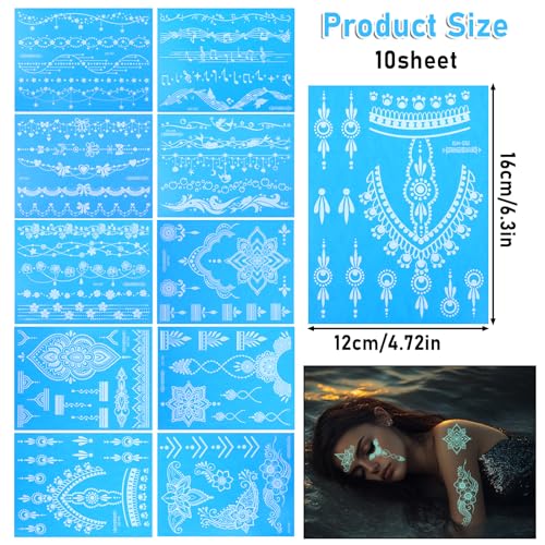 10 Sheets Blue Glow Temporary Tattoos Glow in the Dark Tattoo Kit Neck Clavicle Body Art Makeup In The Dark for Women Adults Arm Hands and Rave Festival Accessories