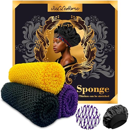 African Net Sponge Authentic,3Pack Loofah Exfoliating Body Scrubber Bath Sponge, Back Scrubber Washcloth for Shower,Gentle Exfoliator and Rich Lather for Women and Men (Black¡¢Yellow¡¢Purple)